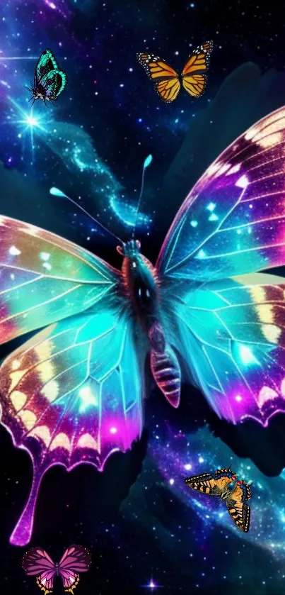 Colorful butterflies against a galaxy backdrop on mobile wallpaper.