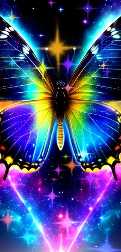 Vibrant galaxy butterfly with colorful wings on a cosmic background.