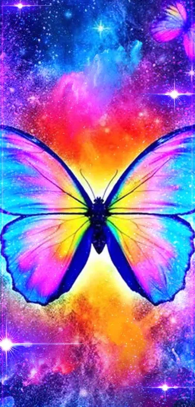 Vibrant butterfly with galaxy background in vivid colors creating cosmic art.