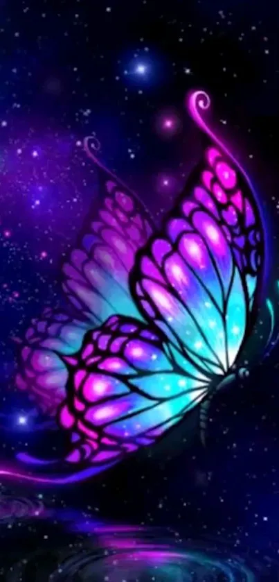 Vibrant butterfly with galaxy backdrop on mobile wallpaper.