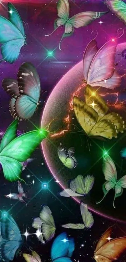 Colorful butterflies flutter around a glowing planet in a vibrant galaxy.