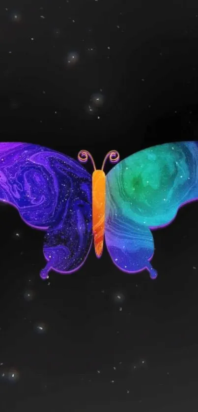 Colorful galaxy butterfly with stars on a dark background.