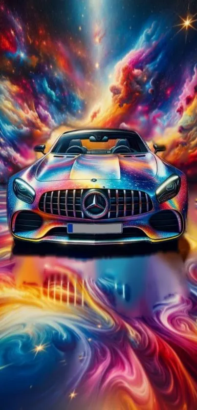 Vibrant car under a cosmic, colorful galaxy background.