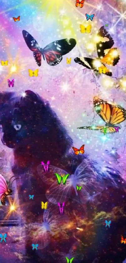 Galaxy-themed wallpaper with cat and butterflies.