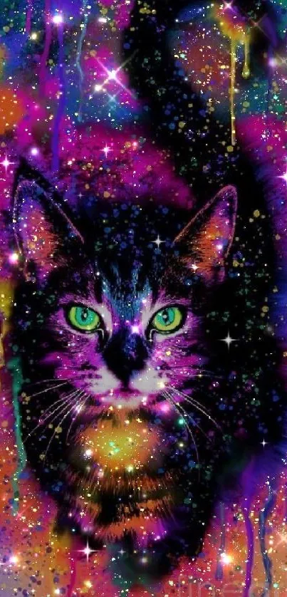 Vibrant neon cat in a galaxy-themed cosmic background.