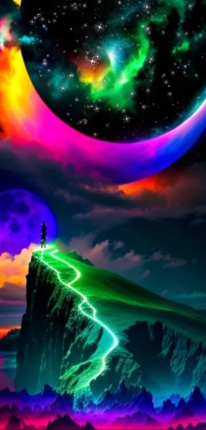 Neon-lit cliff under a vibrant galaxy sky with colorful clouds