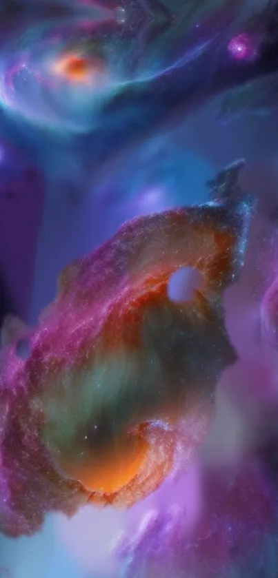 Vibrant galaxy cloudscape with swirling colors and cosmic elements.