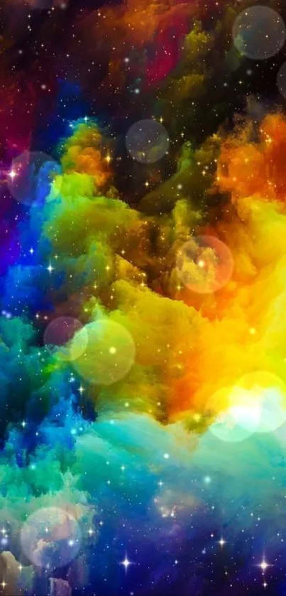 Vibrant cosmic galaxy wallpaper with colorful clouds and stars.
