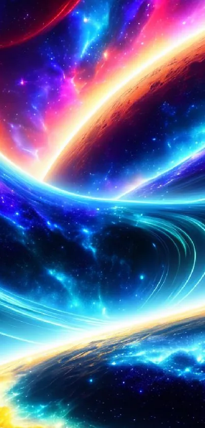 Vibrant galaxy wallpaper with swirling colors and cosmic curves.