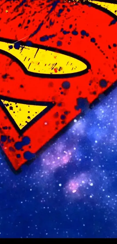 Vibrant superhero emblem on a galaxy background wallpaper.