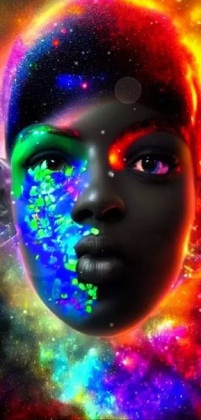 Vibrant galaxy face art wallpaper with colorful cosmic elements.