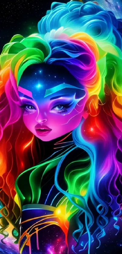 Vibrant fantasy artwork with neon galaxy theme and colorful character.