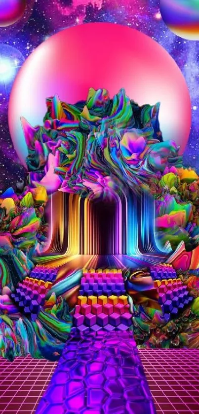 Psychedelic fantasy galaxy wallpaper with vibrant colors.