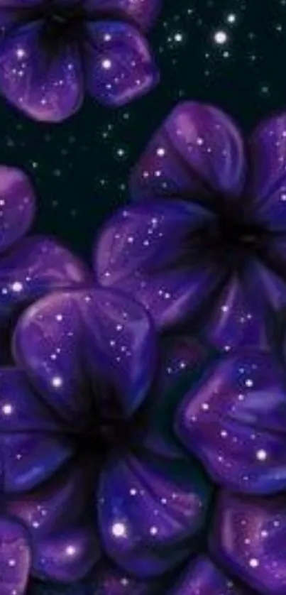 Purple flowers with stars on a dark background, creating a cosmic aesthetic.