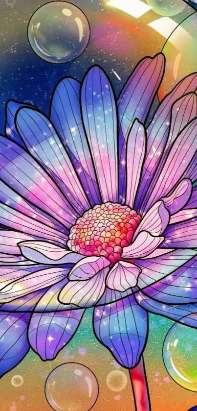 Vibrant daisy in galaxy backdrop with colorful bubbles.