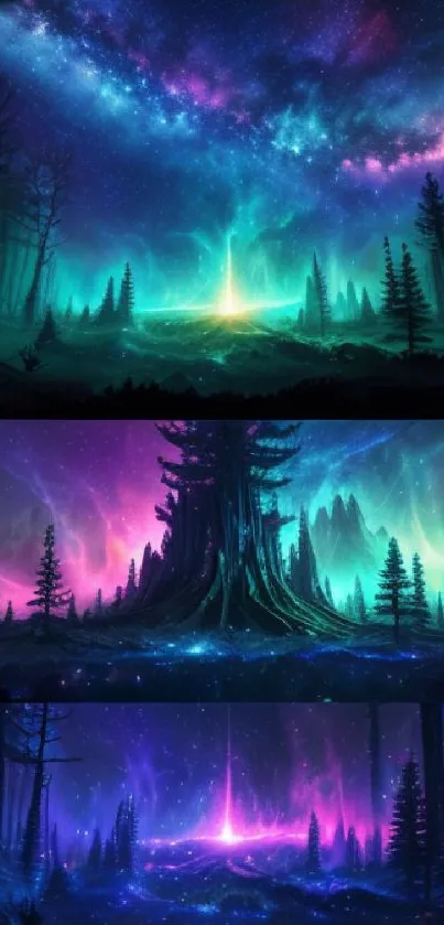 Galaxy forest wallpaper with vibrant colors and cosmic ambiance.