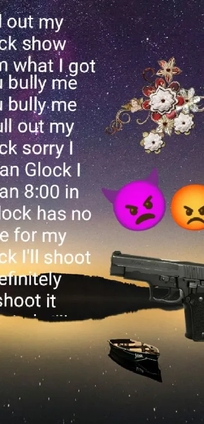 Galaxy-themed wallpaper with Glock and emojis.