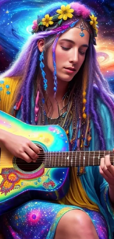 Bohemian woman playing galaxy-themed guitar in a vibrant cosmic scene.