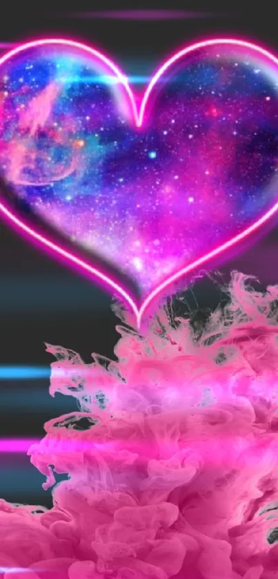 Vibrant pink heart with galaxy and mist design for mobile wallpaper.