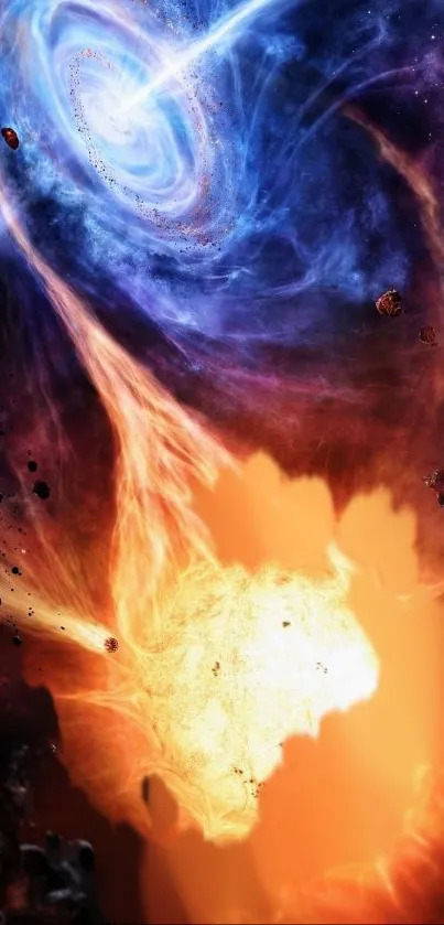 Vibrant cosmic wallpaper with fiery nebula and galaxy swirl.