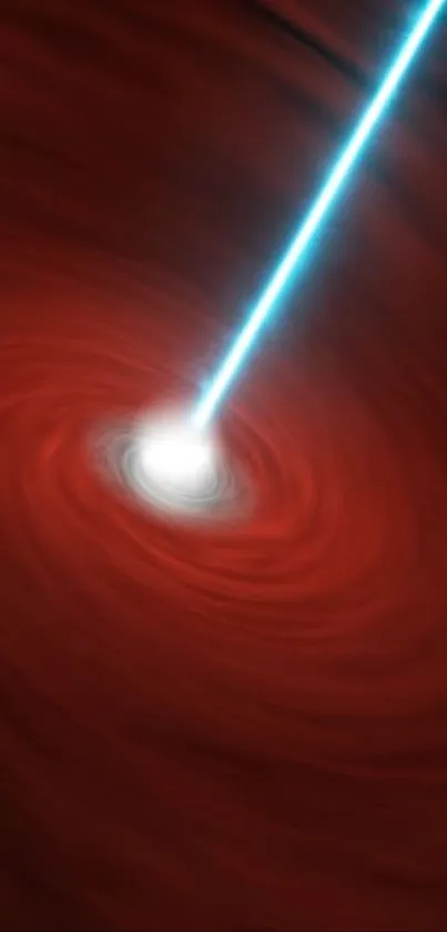 Vibrant red galaxy swirl with a bright blue beam.