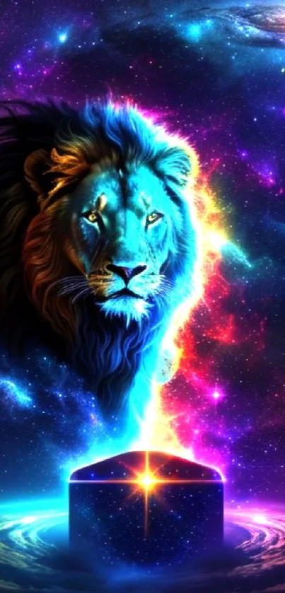 Cosmic lion with vibrant galaxy background on mobile wallpaper.