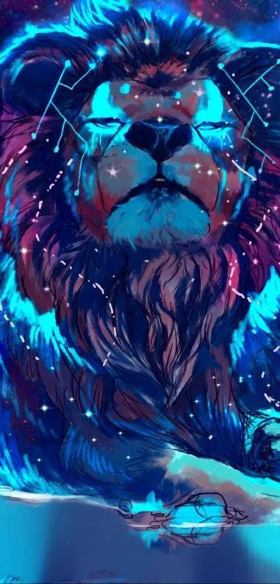 Vibrant neon lion against a galaxy backdrop.