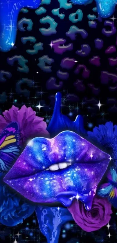 Vibrant galaxy-themed phone wallpaper with cosmic lips, butterflies, and floral elements.