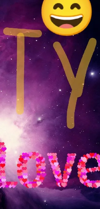 Galaxy graffiti wallpaper with emoji and love text.