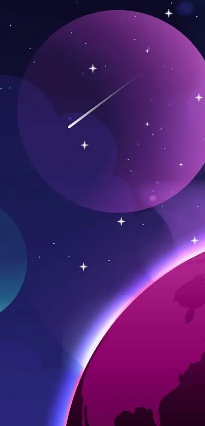 Vibrant magenta and purple galaxy wallpaper featuring stars and a planet.