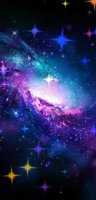 Vibrant and colorful galaxy wallpaper with stars and cosmic elements.