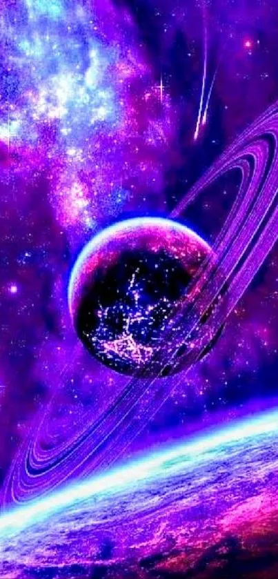 Stunning galaxy wallpaper with a ringed planet in vibrant purple hues.