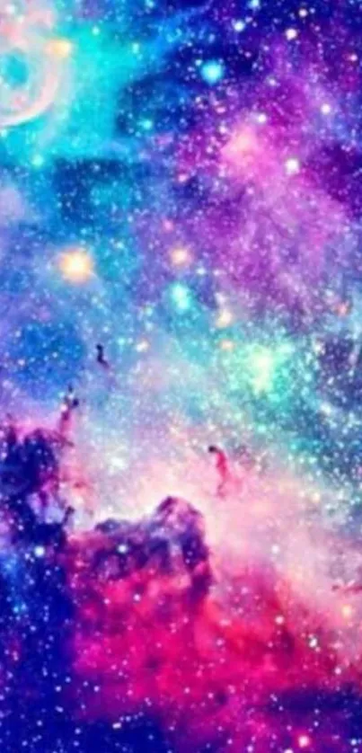 Vivid galaxy wallpaper featuring colorful nebula and stars.