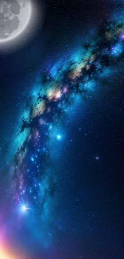 Vibrant galaxy with stars and moon in cosmic mobile wallpaper.