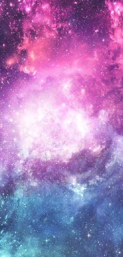 Vibrant galaxy wallpaper with purple hues and starry sky.