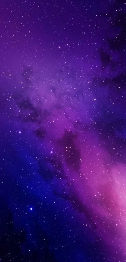 Purple galaxy wallpaper with stars and cosmic clouds for mobile.