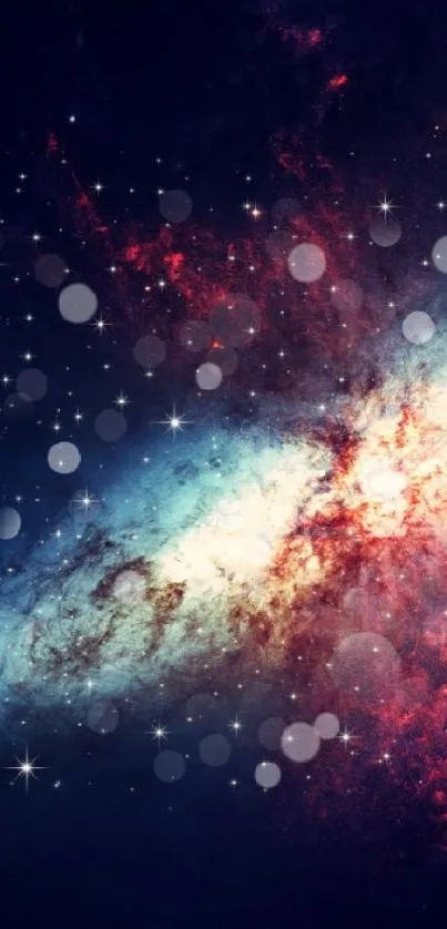 Vibrant galaxy wallpaper with colorful nebula and stars against a cosmic background.