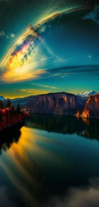 Cosmic galaxy reflecting over mountain lake with vibrant colors.
