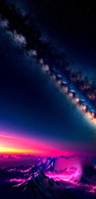 Stunning galaxy over vibrant pink and purple mountain landscape.