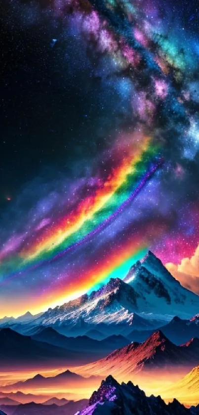 Colorful galaxy arching over snowy mountain peaks with vibrant sky.