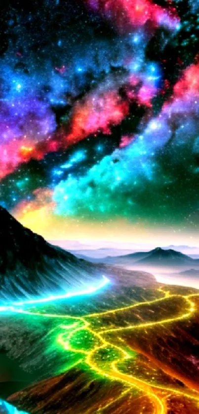 Vibrant galaxy view with mountains and cosmic road.