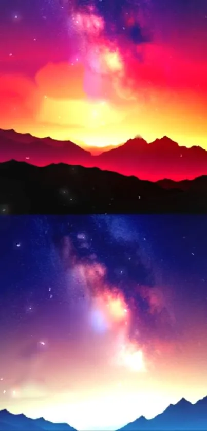 Colorful galaxy mountain wallpaper with vibrant sky hues.