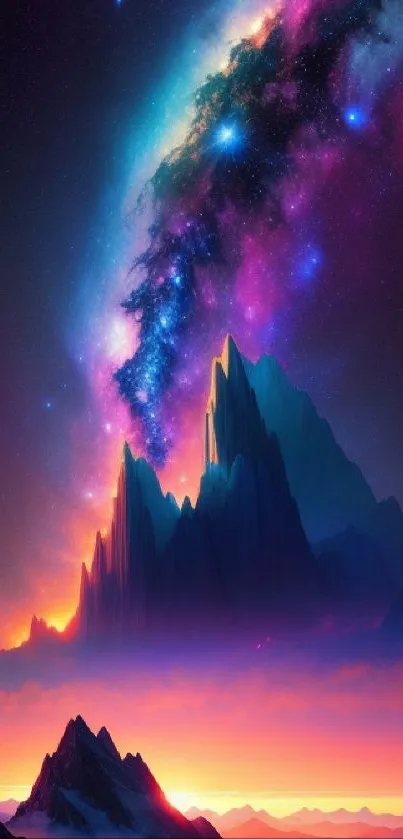 Vibrant cosmic mountain under galaxy sky in digital art wallpaper.