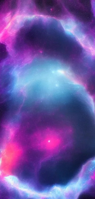 Vibrant pink and blue nebula galaxy wallpaper for mobile screens.