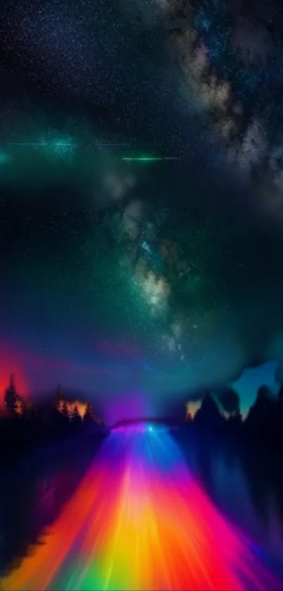 Vibrant galaxy night sky over colorful road and silhouetted trees.