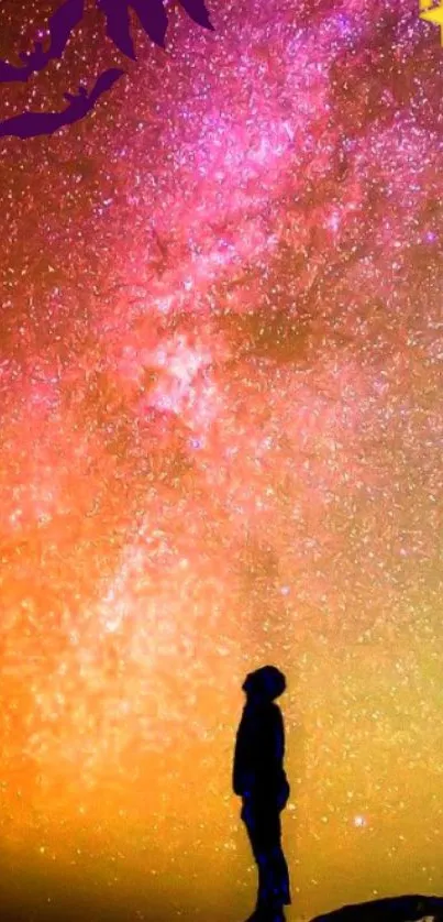 Silhouette beneath vibrant galaxy night sky wallpaper.