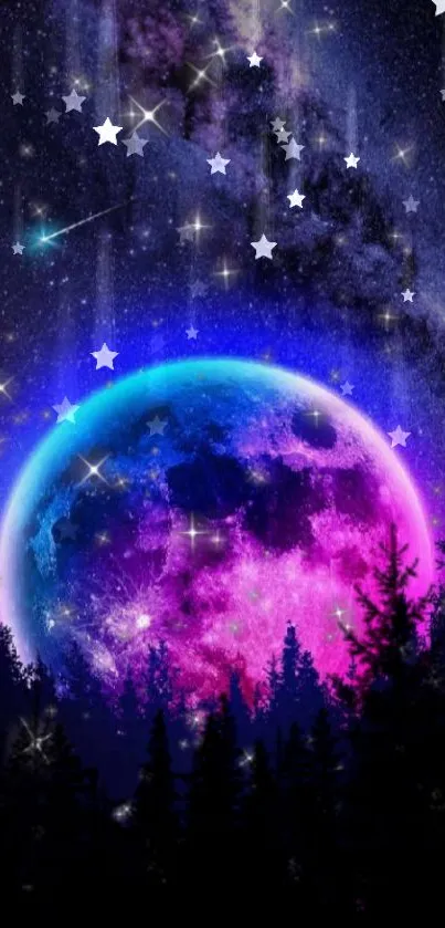 Colorful galaxy night wallpaper with purple hues and starry sky.