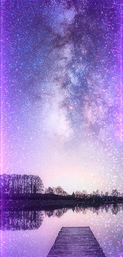 Purple galaxy nightscape with stars and tranquil lake reflection.