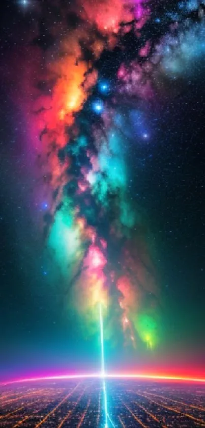 Vibrant galaxy wallpaper with colorful cosmic sky over a futuristic cityscape.