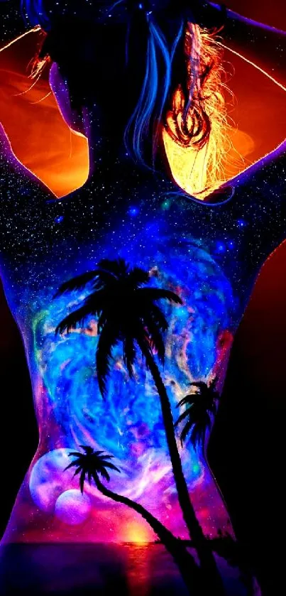 Artistic wallpaper with cosmic colors and palm tree silhouettes.